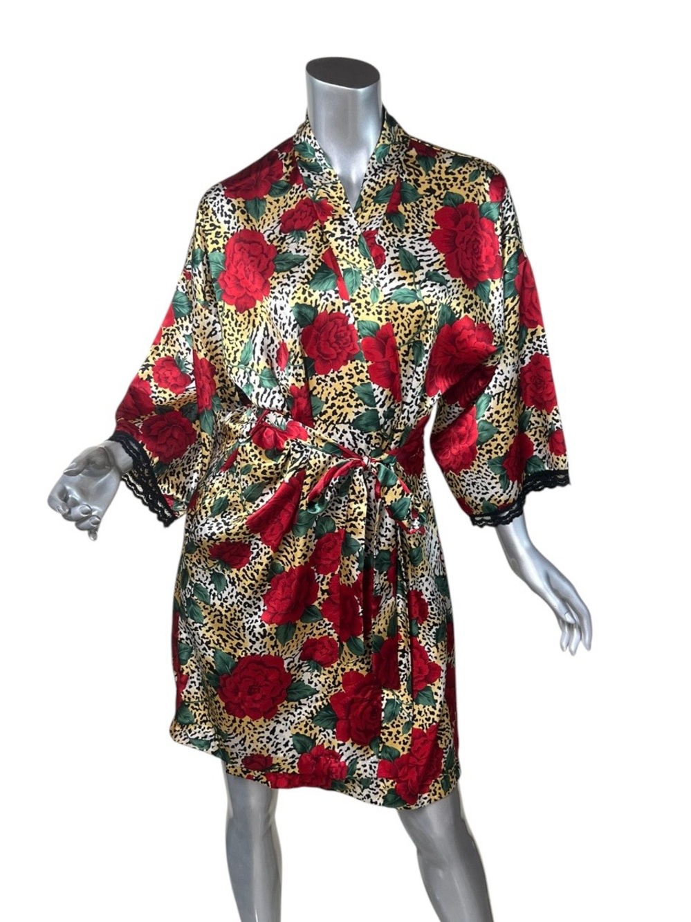 Inner Most Satin Robe Belted Roses & Leopard Print Lace Detail Women’s MEDIUM